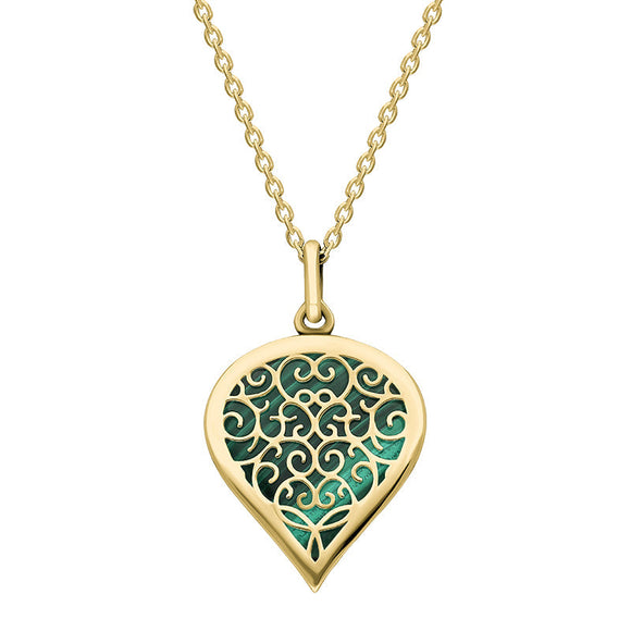 18ct Yellow Gold Malachite Flore Filigree Medium Heart Necklace. P3630.
