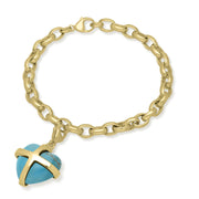 18ct Yellow Gold Turquoise Large Cross Heart Charm Bracelet, B1211