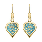 18ct Yellow Gold Turquoise Flore Filigree Heart Drop Earrings. E2588.