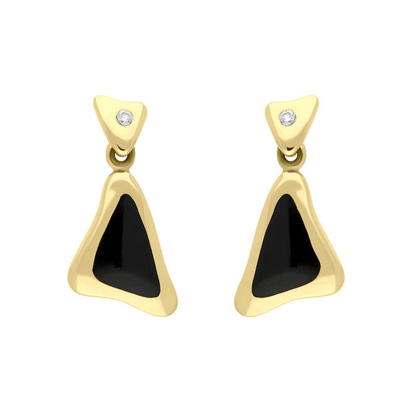 18ct Yellow Gold Whitby Jet 0.06ct Diamond Set Drop Earrings, E741.
