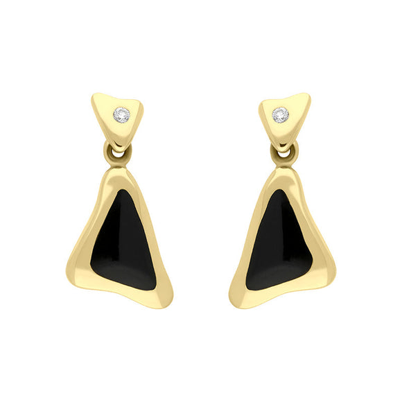 18ct Yellow Gold Whitby Jet 0.06ct Diamond Set Drop Earrings, E741.