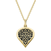 18ct Yellow Gold Whitby Jet Flore Filigree Medium Heart Necklace. P3630.