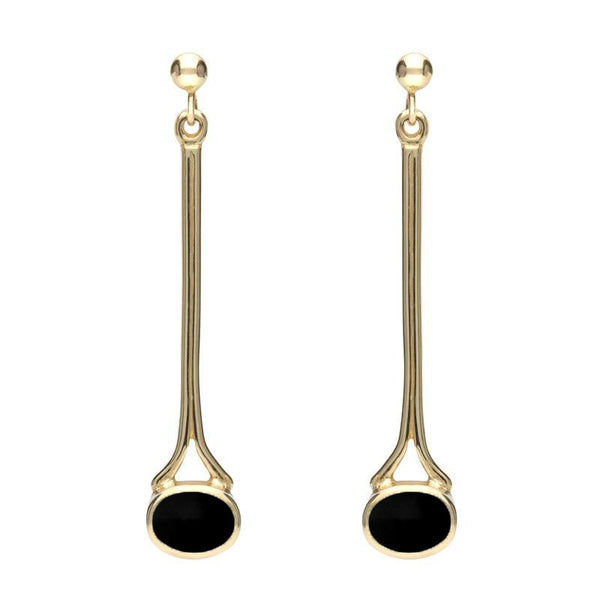 18ct yellow gold Whitby Jet Long Drop Earrings. E094.