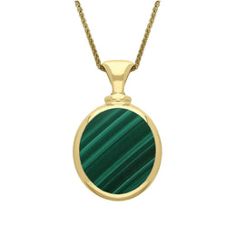 18ct Yellow Gold Whitby Jet Malachite Small Double Sided Oval Fob Necklace, P219.