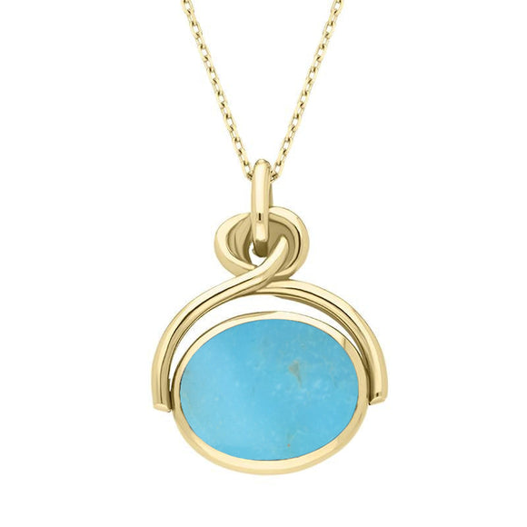 18ct Yellow Gold Whitby Jet Turquoise Oval Swivel Fob Necklace, P096.