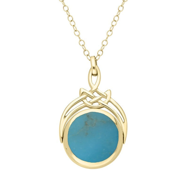 18ct Yellow Gold Whitby Jet Turquoise Round Swivel Fob Necklace, P258_12.