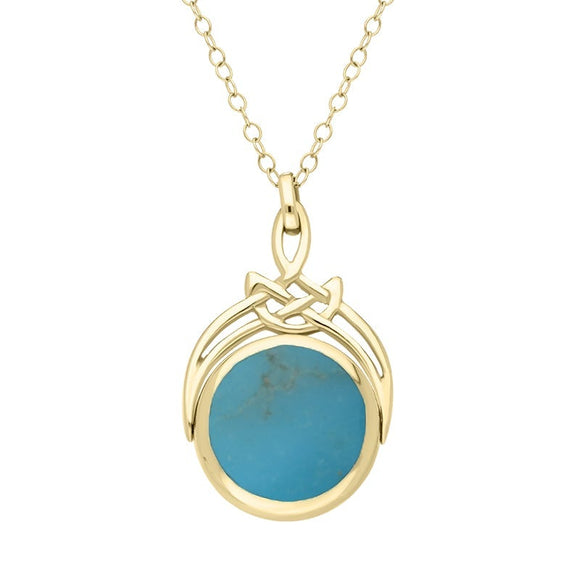 18ct Yellow Gold Whitby Jet Turquoise Round Swivel Fob Necklace, P258_12.