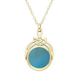 18ct Yellow Gold Whitby Jet Turquoise Round Swivel Fob Necklace, P258_12.