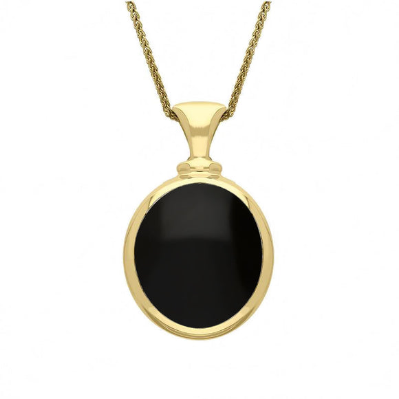 18ct Yellow Gold Whitby Jet Turquoise Small Double Sided Oval Fob Necklace, P219_2.