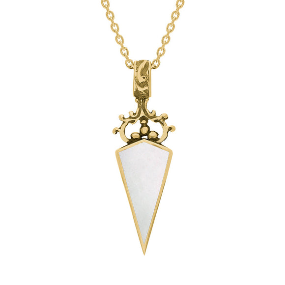 18ct Yellow Gold Whitby Jet White Mother Of Pearl Double Sided Scroll Top Dagger Fob Necklace, P423.