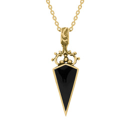 18ct Yellow Gold Whitby Jet White Mother Of Pearl Double Sided Scroll Top Dagger Fob Necklace, P423_2.