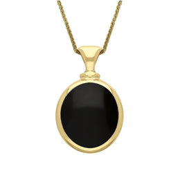 18ct Yellow Gold Whitby Jet White Mother Of Pearl Small Double Sided Oval Fob Necklace, P219.