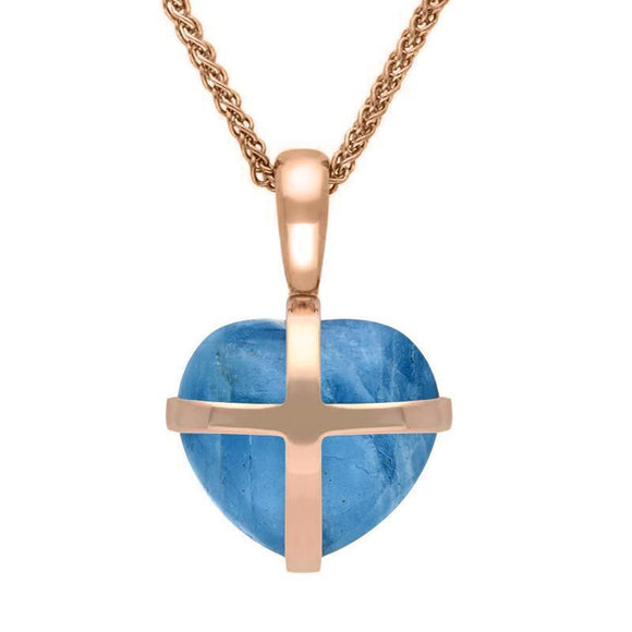 18ct Rose Gold Aquamarine Small Cross Heart Necklace, P1544.