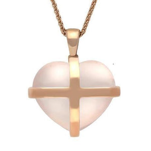 18ct Rose Gold Rose Quartz Large Cross Heart Necklace, P1542.