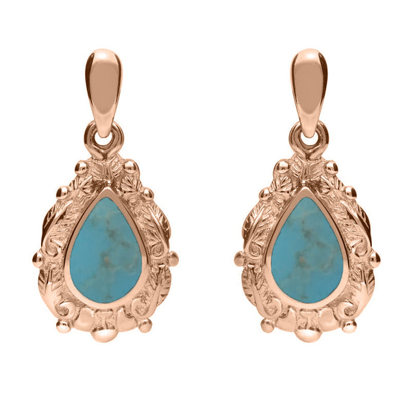 18ct Rose Gold Turquoise Pear Shaped Leaf Drop Earrings, E083.