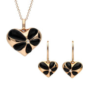 18ct Rose Gold Whitby Jet Diamond Flower Heart Two Piece Set E2051 and P3063