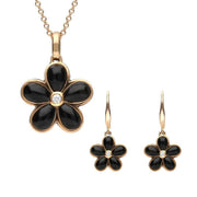 18ct Rose Gold Whitby Jet Diamond Flower Two Piece Set