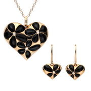 18ct Rose Gold Whitby Jet Diamond Large Flower Heart Two Piece Set P2749 and E2051