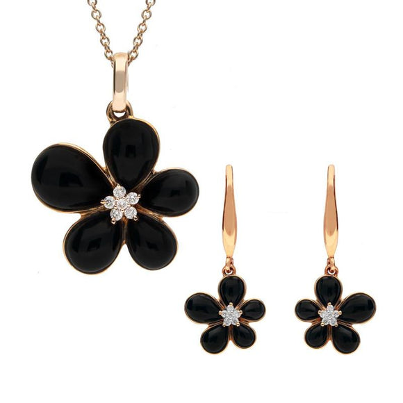 18ct Rose Gold Whitby Jet Diamond Large Flower Two Piece Set P2751 and E2050