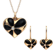 18ct Rose Gold Whitby Jet Diamond Medium Flower Heart Two Piece Set