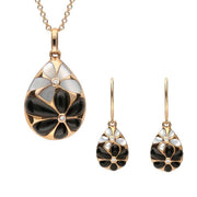 18ct Rose Gold Whitby Jet Diamond Mother of Pearl Flower Pear Two Piece Set