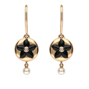 18ct Rose Gold Whitby Jet Diamond Pearl Flower In Circle Two Piece Set