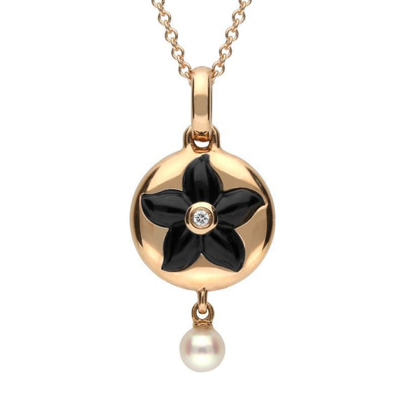18ct Rose Gold Whitby Jet Diamond Pearl Flower In Circle Two Piece Set