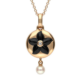 18ct Rose Gold Whitby Jet Diamond Pearl Flower In Circle Two Piece Set