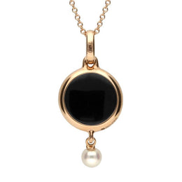 18ct Rose Gold Whitby Jet Diamond Pearl Flower In Circle Two Piece Set
