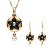 18ct Rose Gold Whitby Jet Diamond Pearl Flower In Circle Two Piece Set