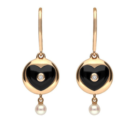 18ct Rose Gold Whitby Jet Diamond Pearl Heart  In Circle Two Piece Set P3058 and E2289