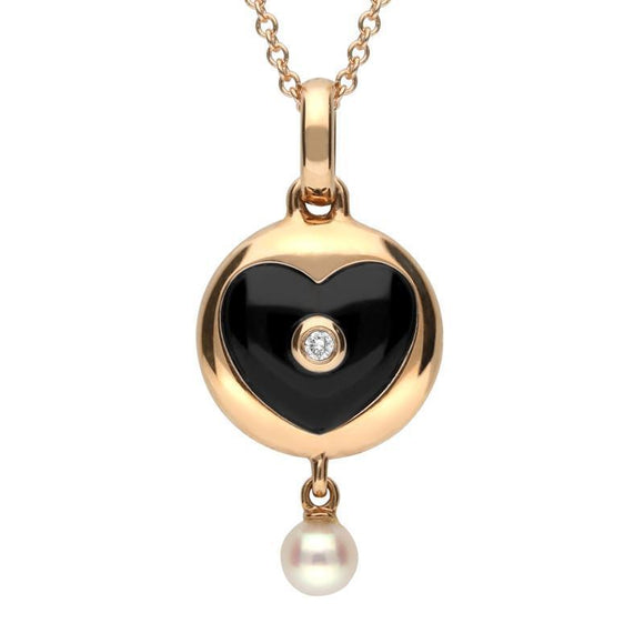 18ct Rose Gold Whitby Jet Diamond Pearl Heart  In Circle Two Piece Set P3058 and E2289