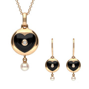 18ct Rose Gold Whitby Jet Diamond Pearl Heart  In Circle Two Piece Set P3058 and E2289