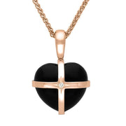 18ct Rose Gold Whitby Jet Diamond Small Cross Heart Necklace, P2654.