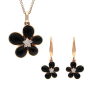 18ct Rose Gold Whitby Jet Diamond Small Flower Two Piece Set