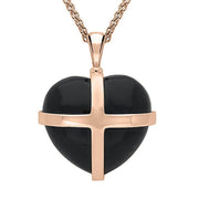 18ct Rose Gold Whitby Jet Large Cross Heart Necklace, P1542.