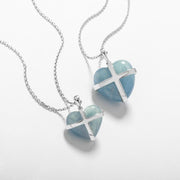 18ct White Gold Aquamarine Small Cross Heart Necklace, P1544.