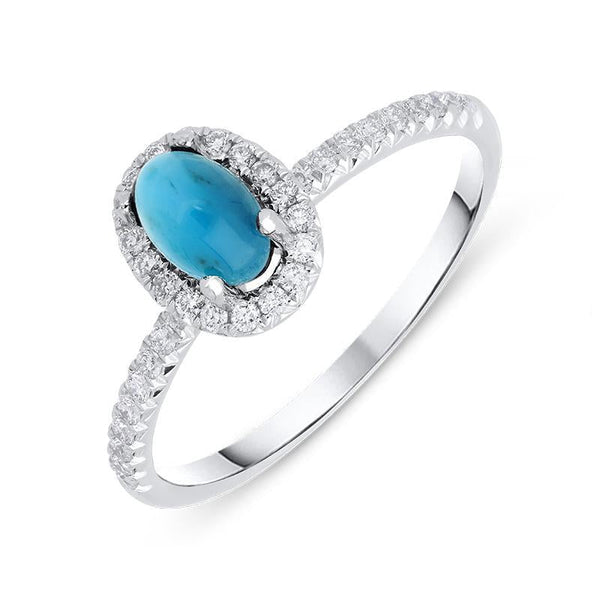 18ct White Gold Turquoise 0.27ct Diamond Halo Ring, R1151.