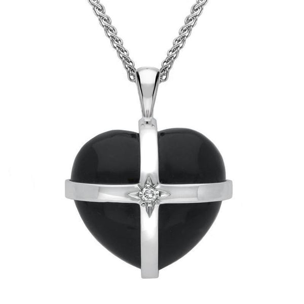 18ct White Gold Whitby Jet Diamond Medium Cross Heart Necklace, P2653.