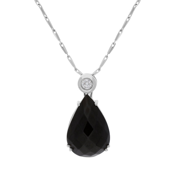 18ct White Gold Whitby Jet Diamond Tear Drop Claw Set Necklace D SH5JET_DI