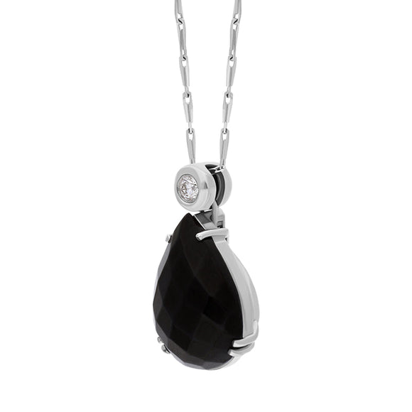 18ct White Gold Whitby Jet Diamond Tear Drop Claw Set Necklace D