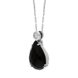 18ct White Gold Whitby Jet Diamond Tear Drop Claw Set Necklace D