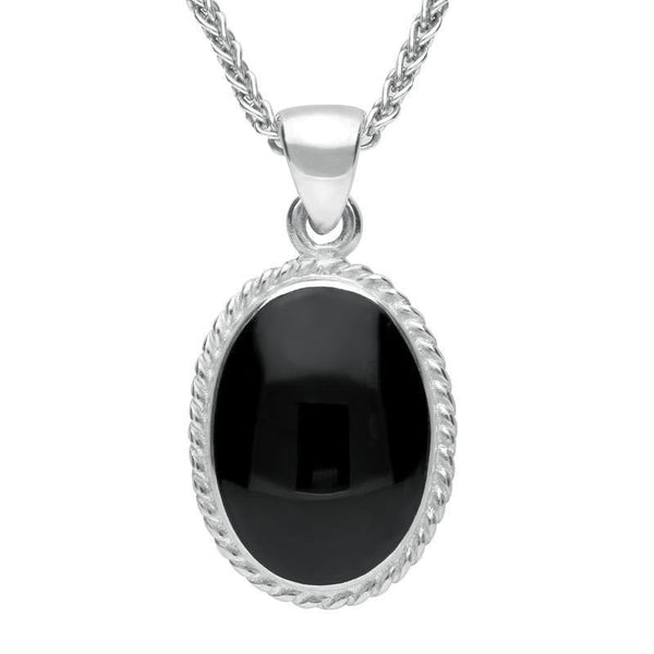 18ct White Gold Whitby Jet Heritage Rope Edge Medium Oval Pendant, P004. 