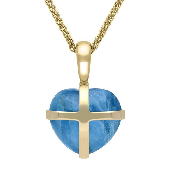 18ct Yellow Gold Aquamarine Small Cross Heart Necklace, P1544.