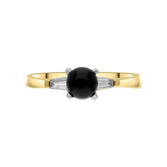 18ct Yellow Gold Whitby Jet 0.16ct Diamond Shoulder Ring. Y2899.