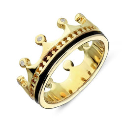 18ct Yellow Gold Whitby Jet Diamond Tiara Band Ring. R1222.
