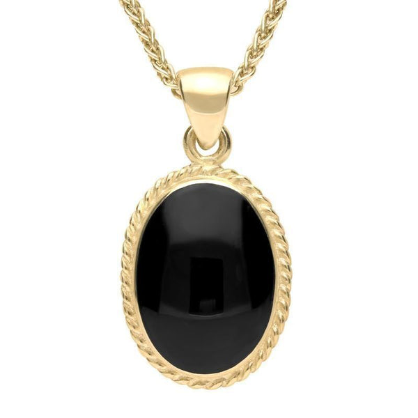 18ct Yellow Gold Whitby Jet Heritage Rope Edge Medium Oval Pendant, P004. 