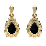 18ct Yellow Gold Whitby Jet Pear Shaped Leaf Drop Earrings, E083.