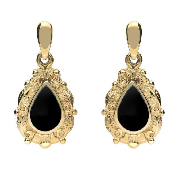 18ct Yellow Gold Whitby Jet Pear Shaped Leaf Drop Earrings, E083.