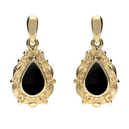18ct Yellow Gold Whitby Jet Pear Shaped Leaf Drop Earrings, E083.